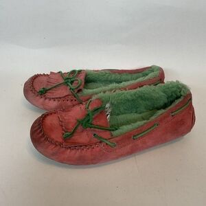 Ugg Ansley Green/Pink Suede/Leather Wool Lined Moccasins Slippers Women Size 7